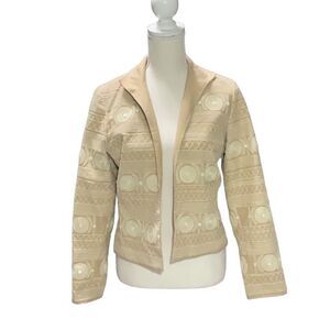 Anne Klein NY Khaki Open Front Jacket Embroidered Lined Long Sleeve Size 4P